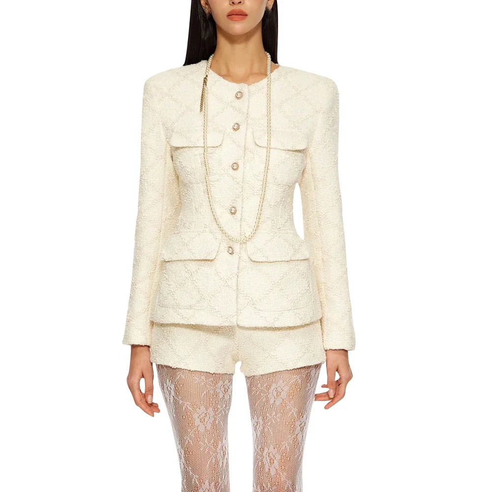 Solid Temperament Two Piece Sets For Women O Neck Long Sleeve Coat High Waist Shorts Elegant Set Female Fashion New BEIGE SET