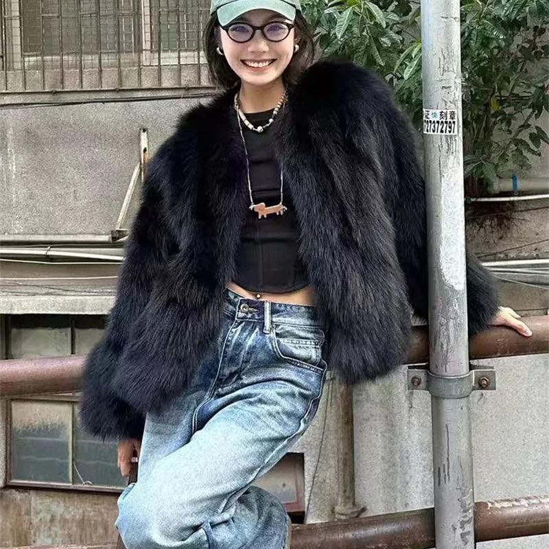 Imitation Fox Fur Eco Friendly Fur Coat Cardigan Women's Winter New Black Short Style Slim and Fashionable Young Fur Coat