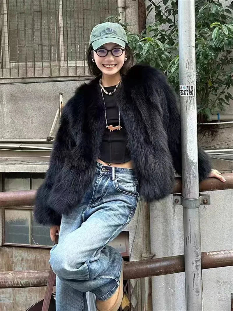 Imitation Fox Fur Eco Friendly Fur Coat Cardigan Women's Winter New Black Short Style Slim and Fashionable Young Fur Coat