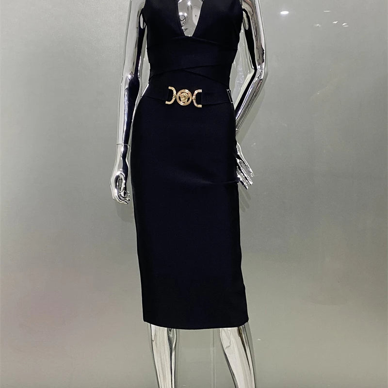 Women Sleeveless Sexy V-Neck Bodycon Midi Bandage Dress Fashion Celebrate Nightclub Party Birthday Dress black