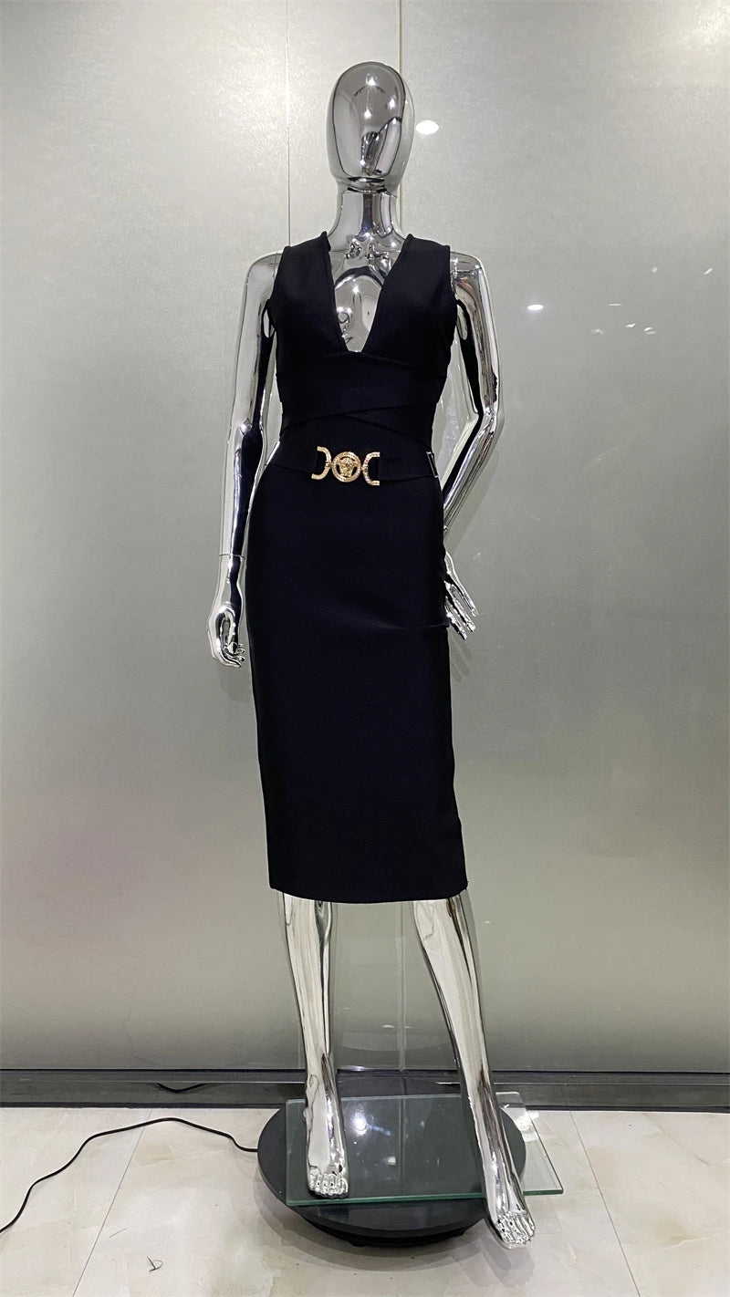 Women Sleeveless Sexy V-Neck Bodycon Midi Bandage Dress Fashion Celebrate Nightclub Party Birthday Dress black