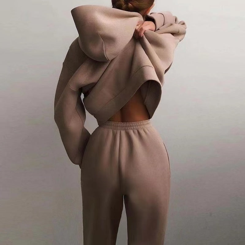 Winter Women Two Piece Sets Tracksuit Autumn Casual Solid Long Sleeve Hoodie Sweatshirts Female Oversized Trouser Pant Suit