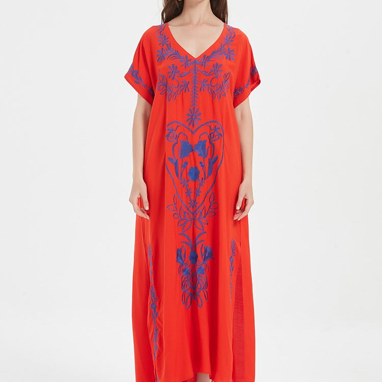 Robe De Plage Embroidery Beach Cover Up Sarong Women Beach Pareo Tunic For Beach Swimwear Red One Size