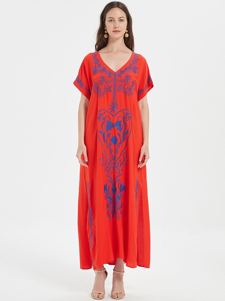 Robe De Plage Embroidery Beach Cover Up Sarong Women Beach Pareo Tunic For Beach Swimwear Red One Size