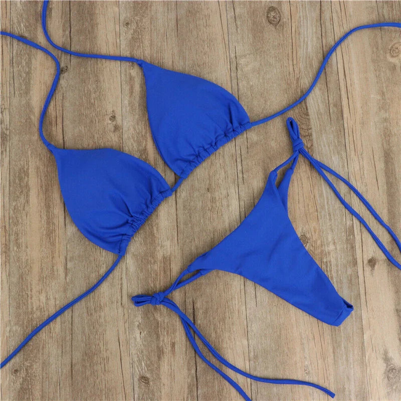 Sexy Micro Bikini Sets Thong Triangle Swimsuit Brazlian Bathing Suit Summer Solid Swimwear Biquini Swimming Pool Beachwear 2023 Blue 2