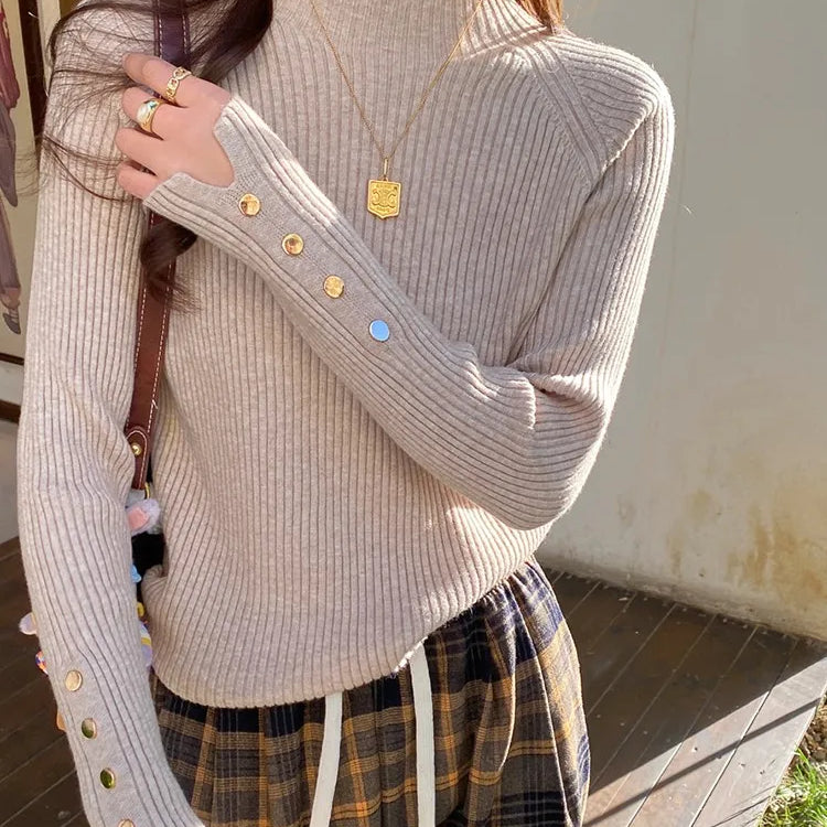 Autumn Winter Sweater Women Pullovers Long Sleeve Tops Clothes Slim Knit Soft Jumper Streetwear Button Turtleneck Sweater oatmeal One Size