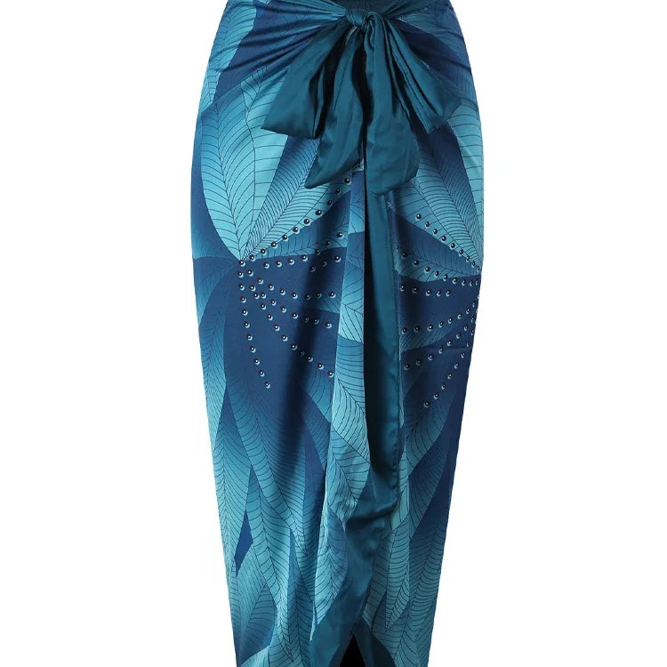 Elegant Blue Leaf Printed One Piece Swimsuit Woman Fashion High Waisted Hanging Neck Swimwear French Covered Belly Bikini skirt