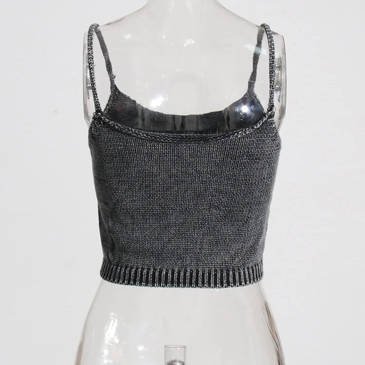 Streetwear Denim Two Piece Set Womens Square Collar Sleeveless Tanks O Neck Long Sleeve Tops Knitting Female Sets