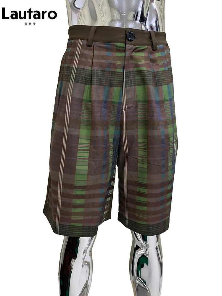 Lautaro Summer Autumn Loose Soft Thin Colorful Plaid Patchwork Shorts for Men Mens Knee Length Pants Luxury Designer Emo Clothes