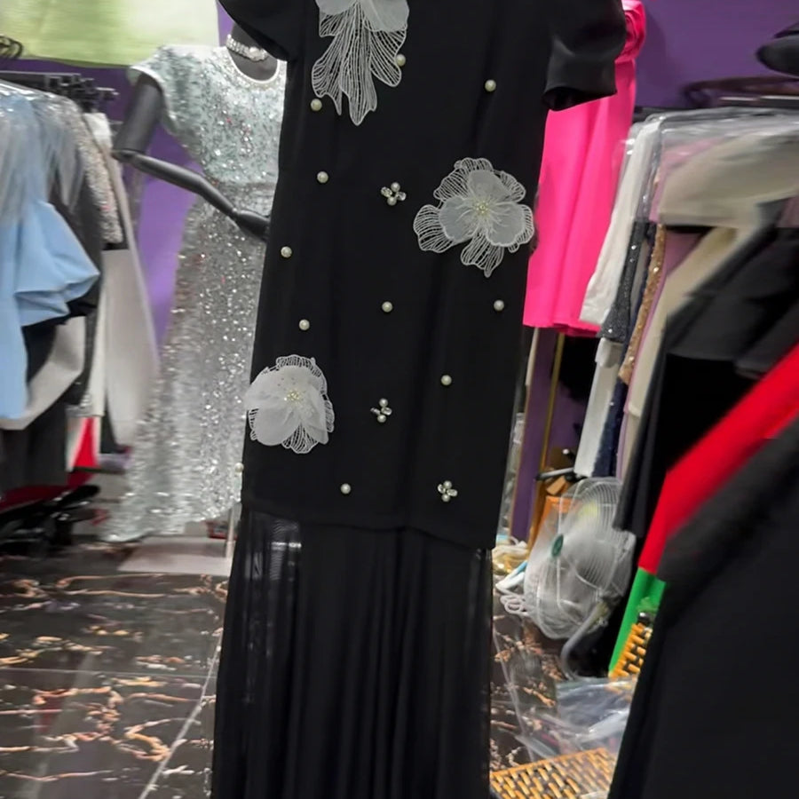 Hit Color Spliced 3D Flower Elegant Dresses for Women Round Neck Short Sleeves Patchwork Folds Sheer Dress Female BLACK