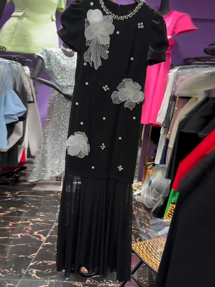 Hit Color Spliced 3D Flower Elegant Dresses for Women Round Neck Short Sleeves Patchwork Folds Sheer Dress Female BLACK