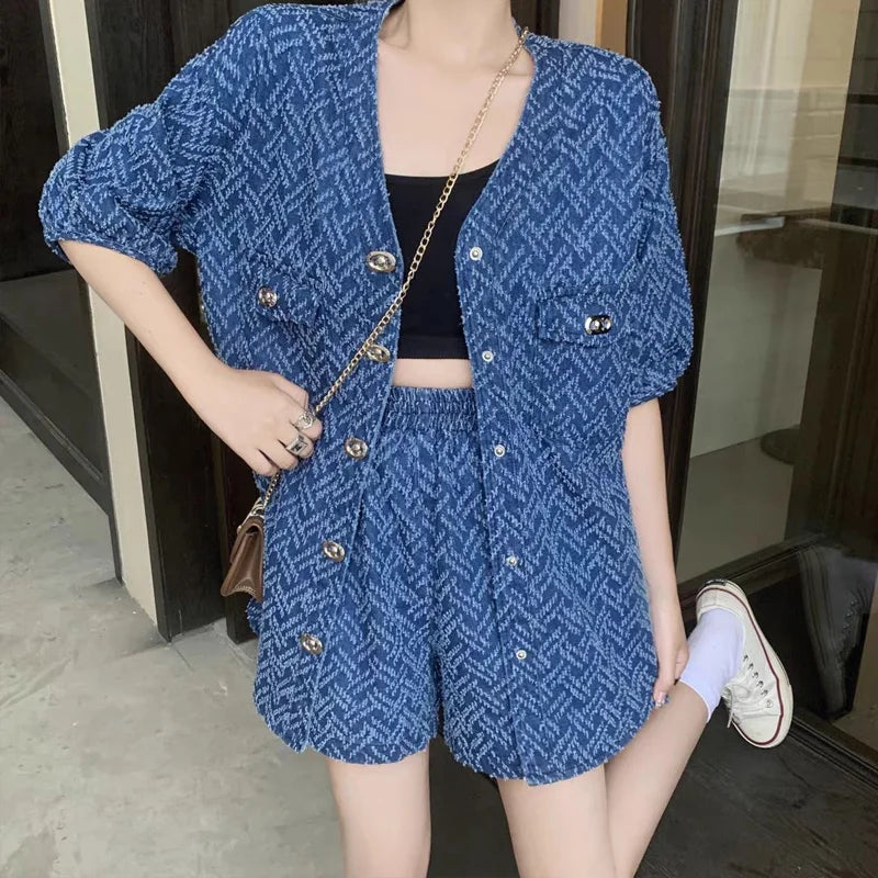 Summer New Printing Ladies Suits Fashion Loose Short Sleeve Button Cardigan and Elastic Waist Casual Pockets All-match Shorts