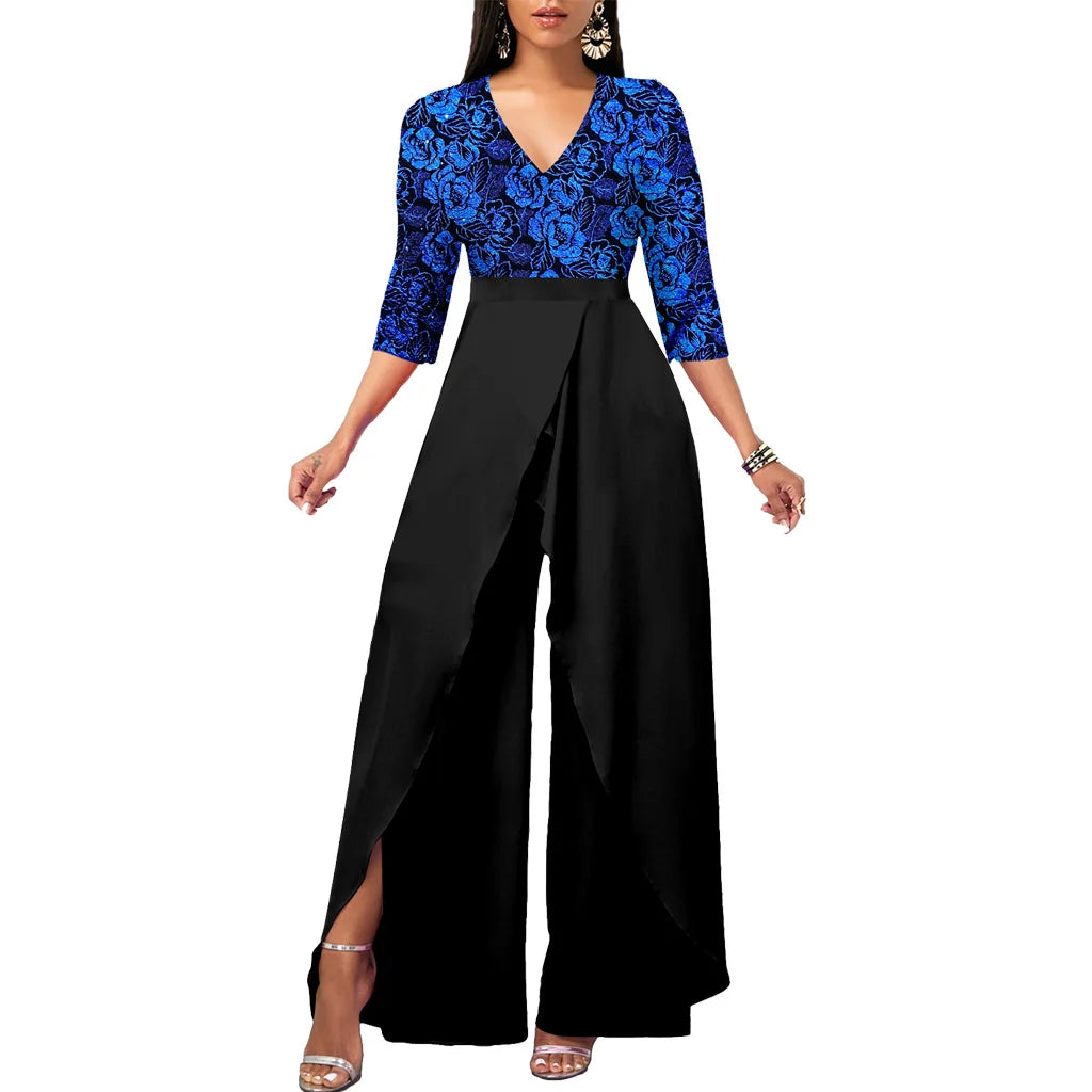 Sets Outifits 2023 New Gilded Floral V-neck Loose Fitting Jumpsuit of One Fashion Casual Pieces for Women Elegant Female 12074A