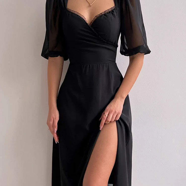 European and American fashion temperament women's clothing summer French low cut mid length slit dress for women