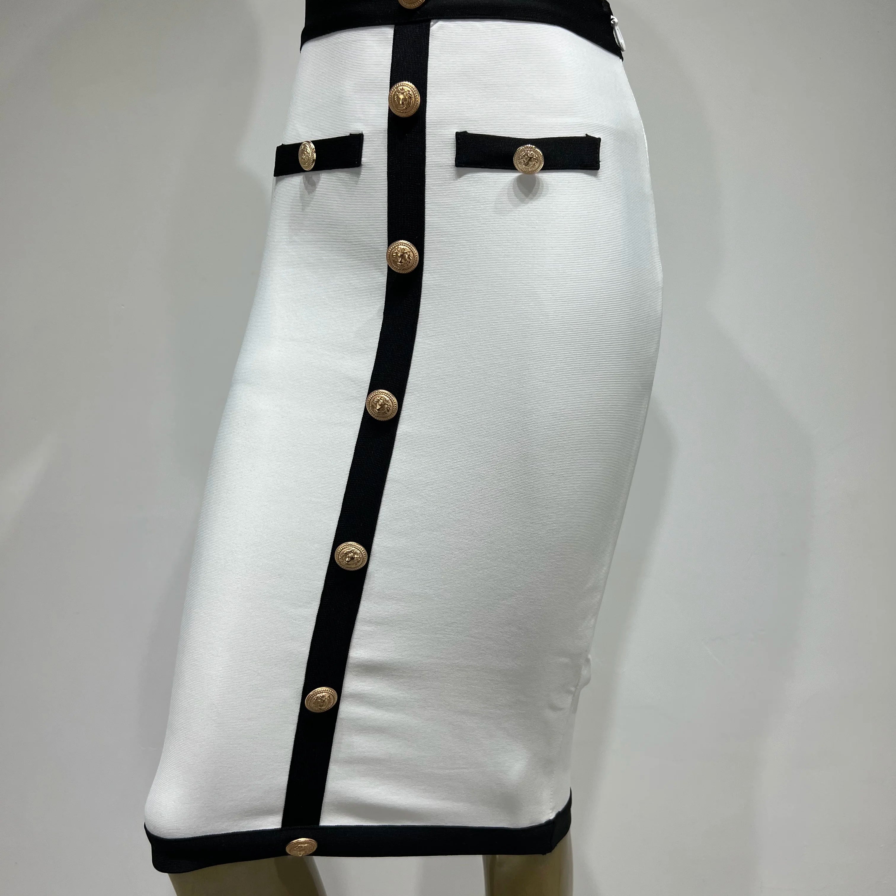 Newest Women Button Patchwork White Black Bodycon Bandage Skirt 2023 Designer High Waist Party Club Pencil Skirt 60cm