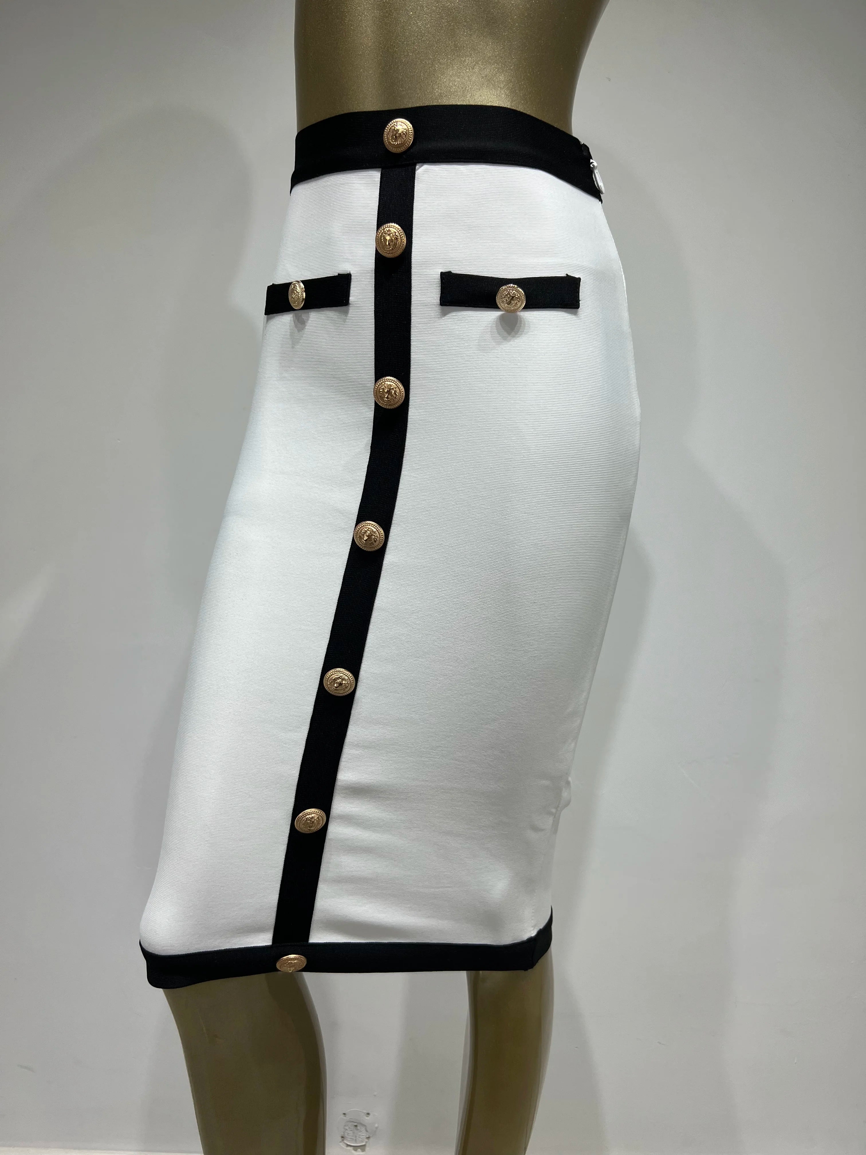 Newest Women Button Patchwork White Black Bodycon Bandage Skirt 2023 Designer High Waist Party Club Pencil Skirt 60cm