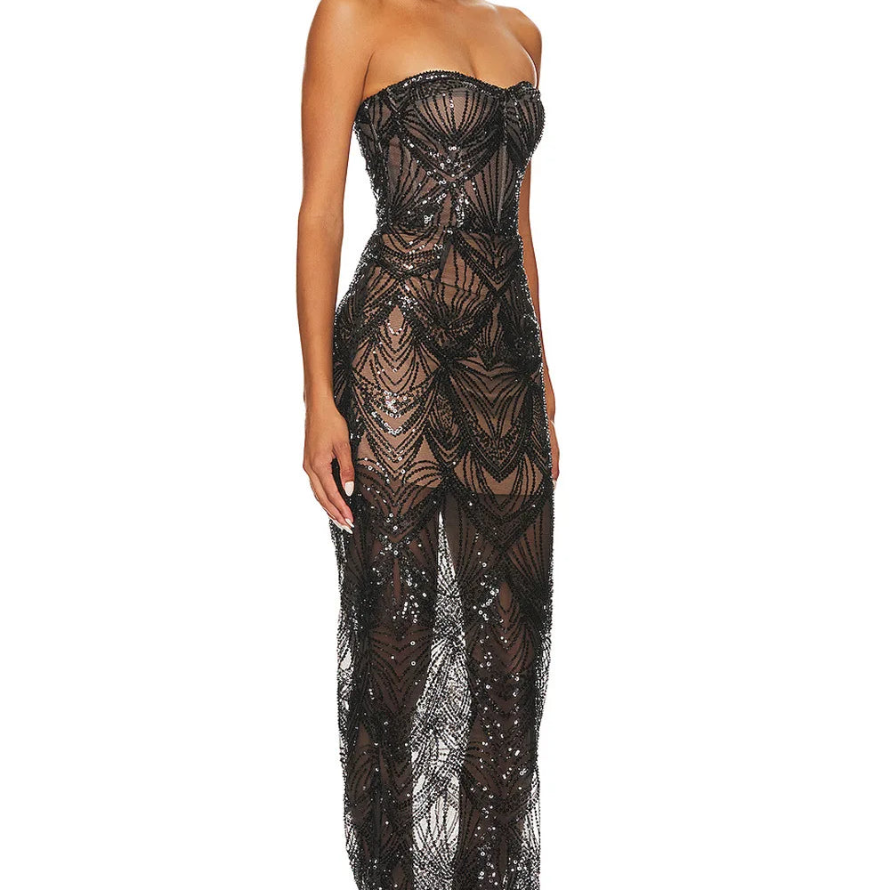 Shining Black Sequins Sexy Mesh See Through Straplerss Ankle Length Dress Woman Birthday Party Dress Celebrity Party Vestido