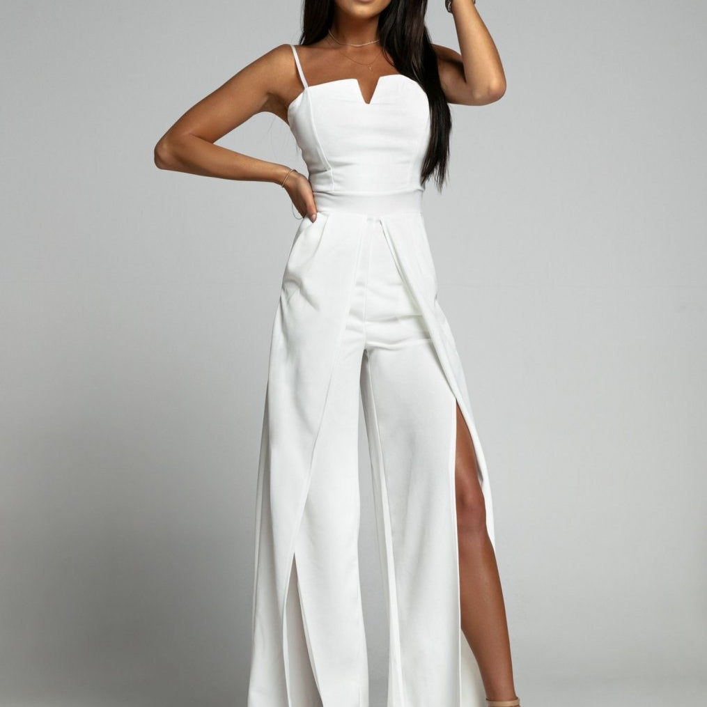 Summer Fashion Jumpsuit Women Sexy Suspender Bra Sleeveless High Waist Split Wide Leg Pants Elegant Temperament Jumpsuit Women White