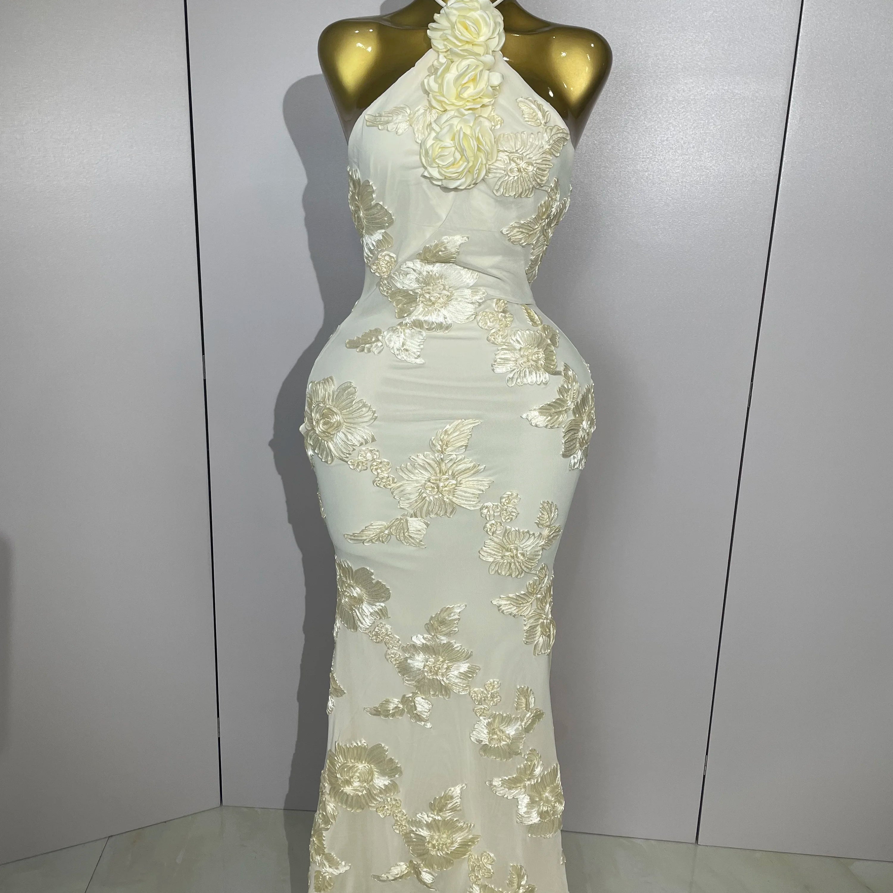 2025 New Sexy Halter High Waist Slim Embroidery Floral Long Dress Women Celebrate Evening Party Prom Fashion Cocktail Outfit Lemon yellow