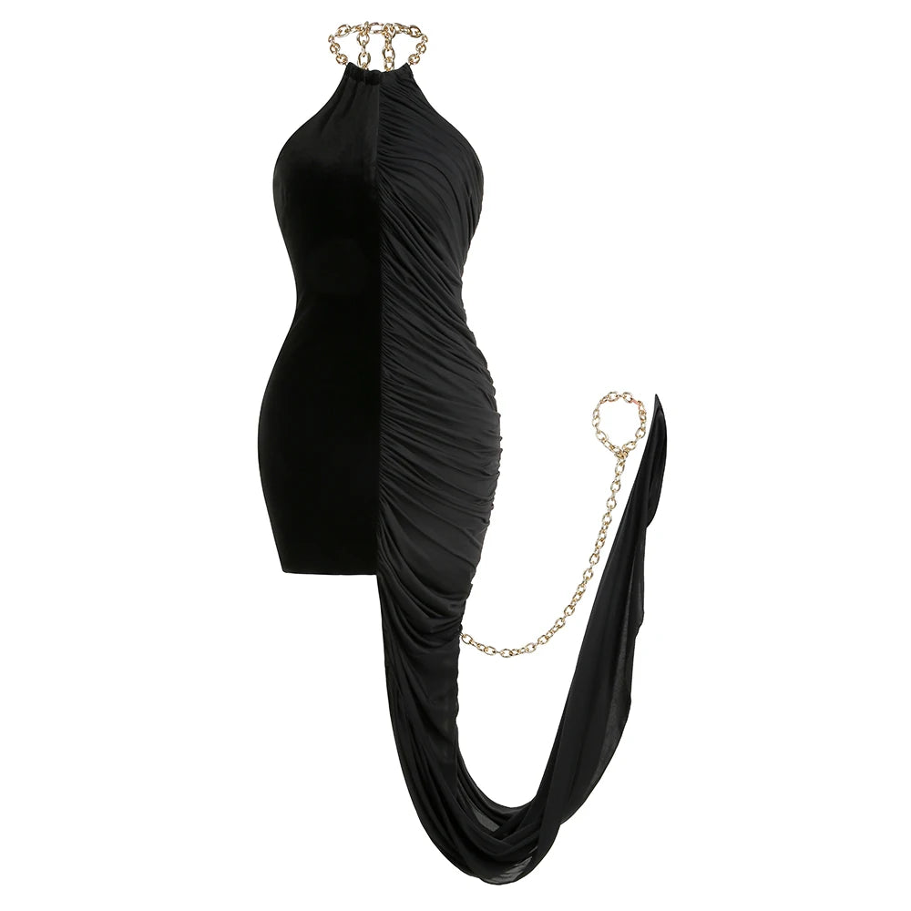 Sexy Women Black Short Dress O-Neck Sleeveless Bodycon Draped Backless Asymmetrical Mini Dress Cocktail Party Vestidos black