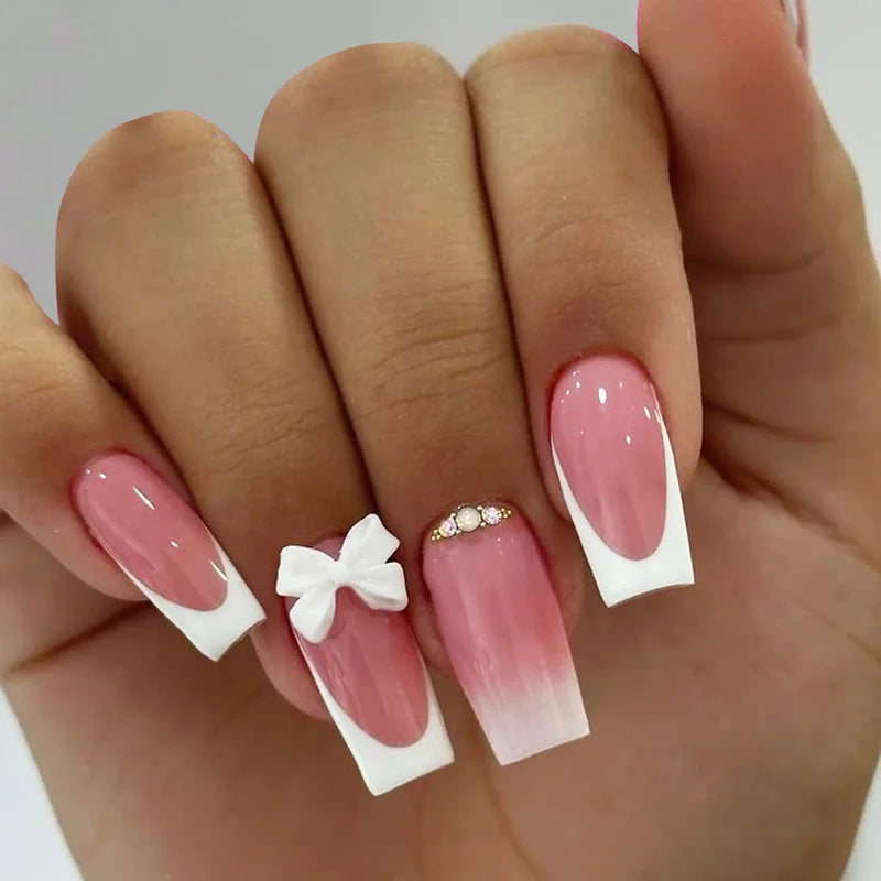 24Pcs French Pink Press on Nails Short Square Head Fake Nails with Flower Rhinestone Design Wearable Finished False Nail Tips 102-35