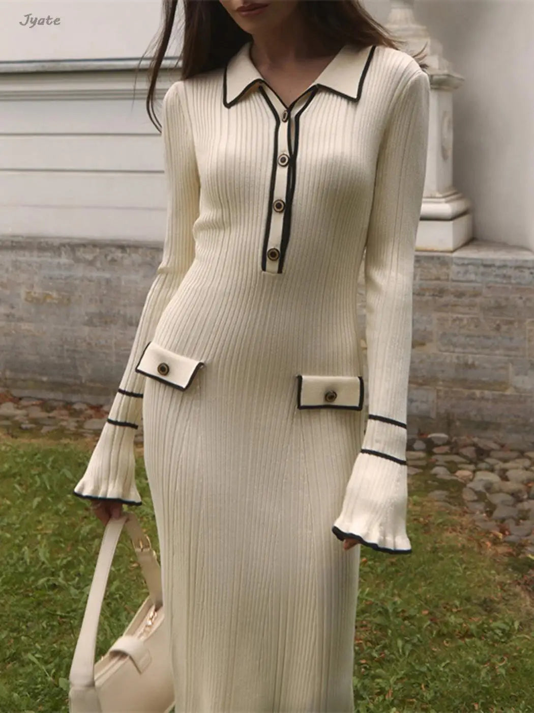 French Ruffle Knit Dress Fall Fashion Lapel Mental Button Luxury Women Dress Long Patchwork Lady Elegant Vestidos Robes New