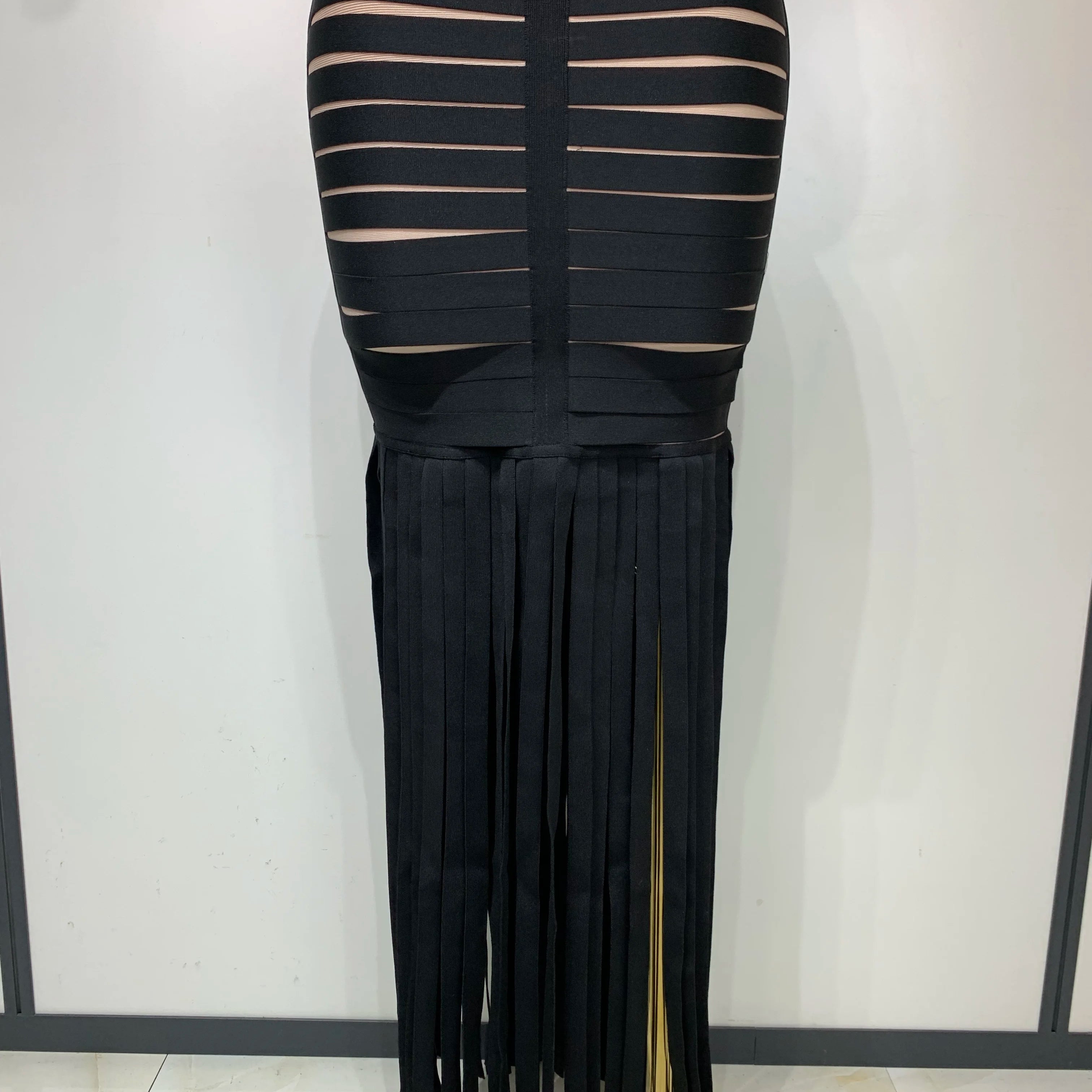 Women Sexy Sleeveless Square Collar Black Tassel Long Bandange Dresses Elegant Evening Party Birthday Gown Design Club Dress