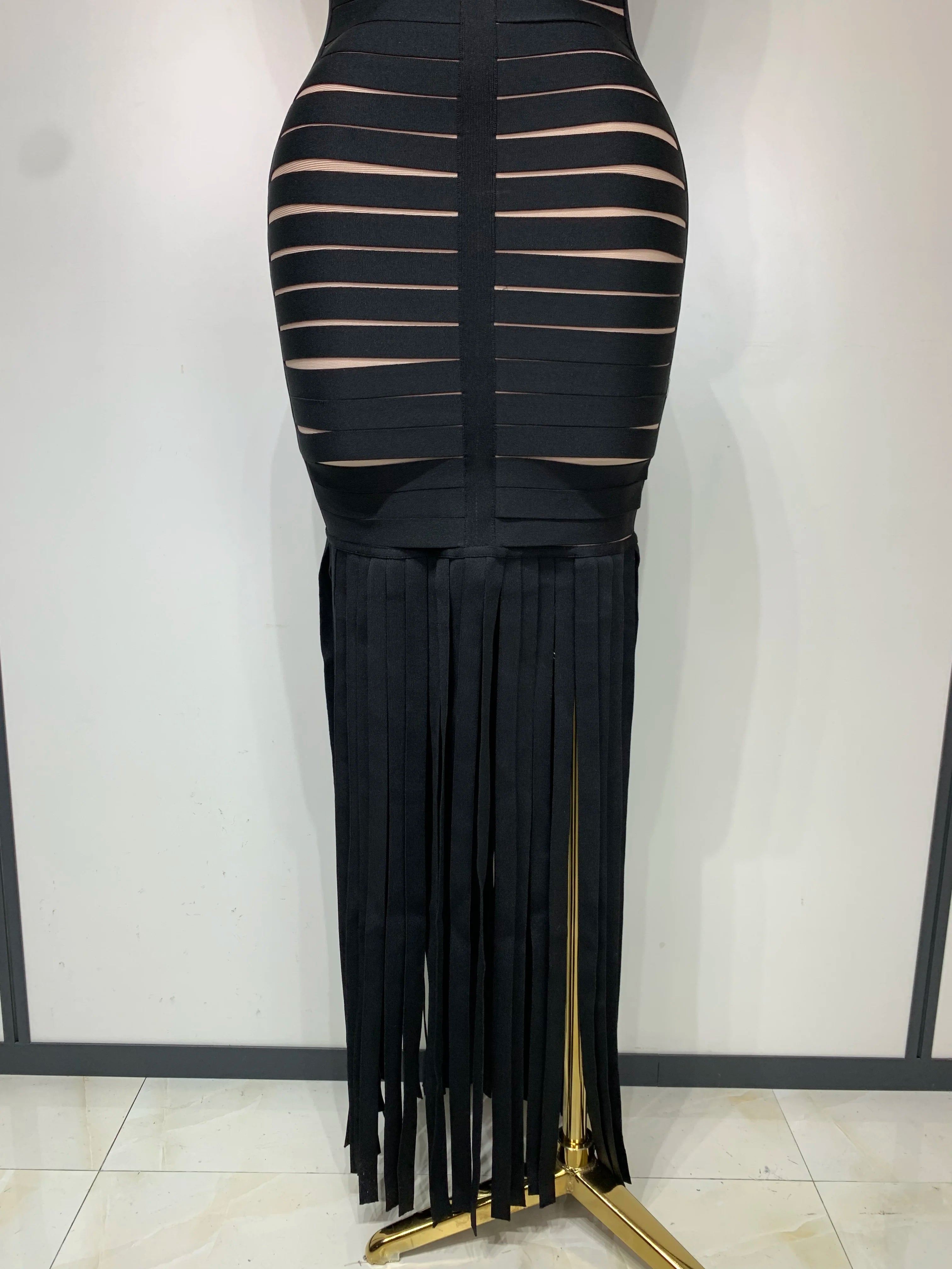 Women Sexy Sleeveless Square Collar Black Tassel Long Bandange Dresses Elegant Evening Party Birthday Gown Design Club Dress