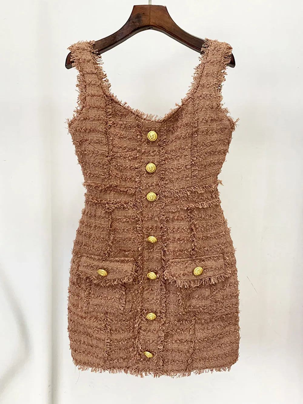 2024 Elegant Women's Button Design Dress Camisole Sleeveless Slimming Mini Dress Celebrity Cocktail Evening Party Vestidos Brown