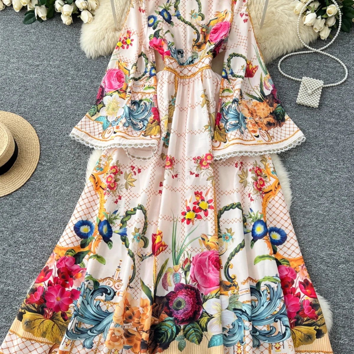 Elegant Floral Long Maxi Dresses Shirt Women Lantern Full Sleeve National Trench Print Single Breasted Lace Neck Party Vestidos