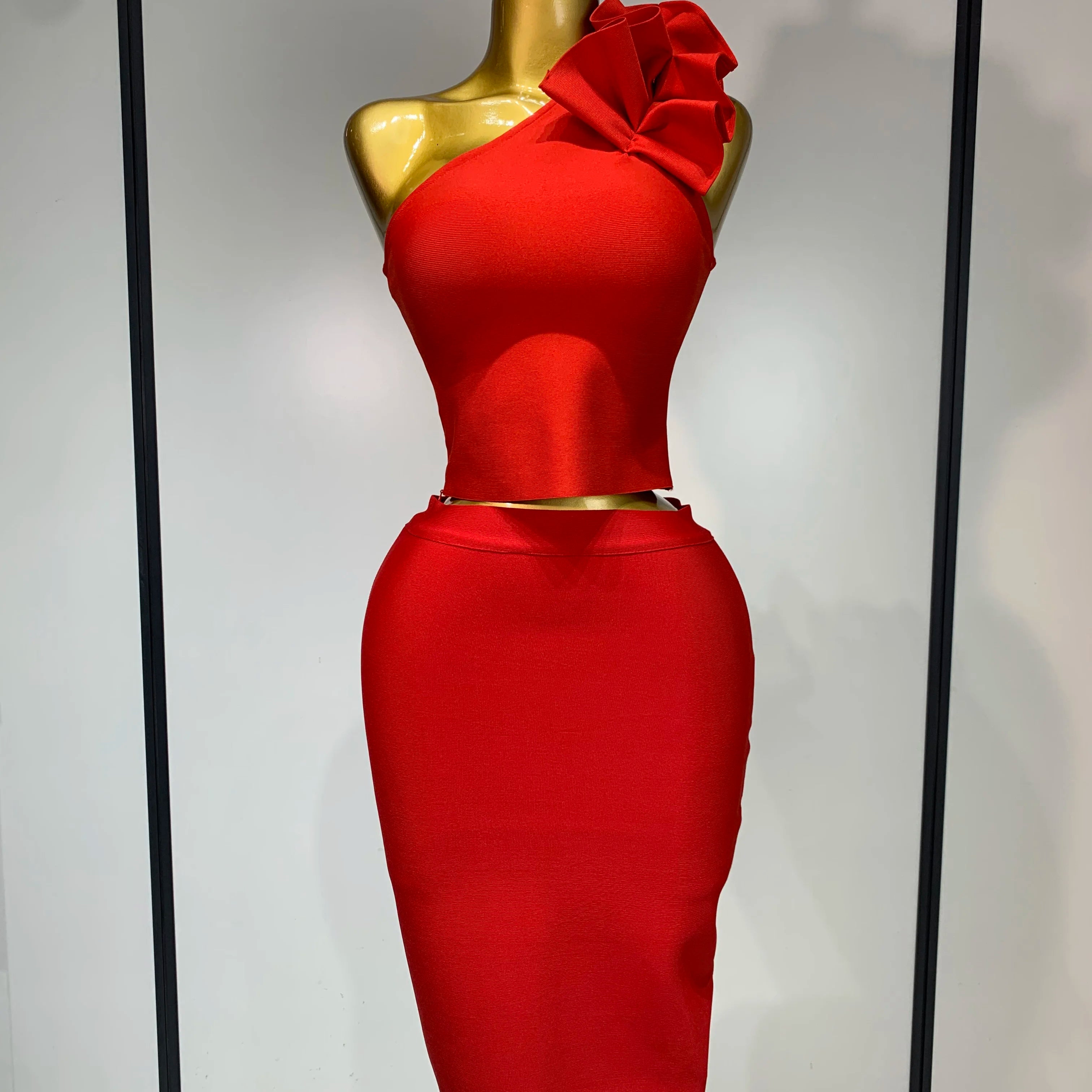 Women Sexy Sleeveless Ruffles One Shoulder Bandage Two Piece Set Fancy Club Evening Celebrity Elegant Party Bodycon Vestidos Red