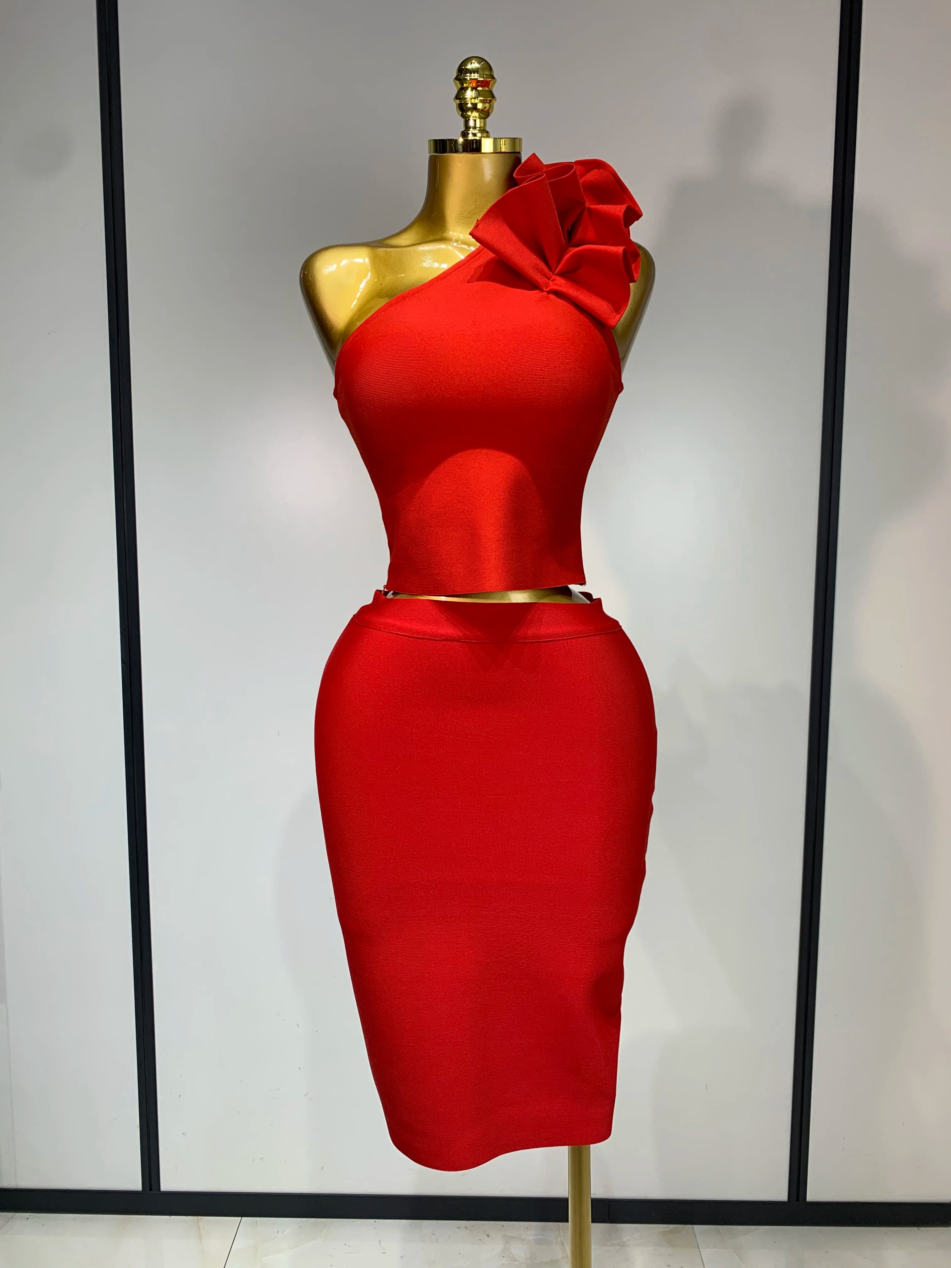 Women Sexy Sleeveless Ruffles One Shoulder Bandage Two Piece Set Fancy Club Evening Celebrity Elegant Party Bodycon Vestidos Red