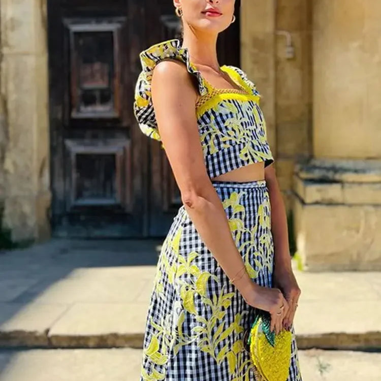 Summer Chic Printed Patchwork Skirt Suit Women Fashion Sling Ruffles Top Printting Set New Elegant Female Streetwear Sets Blue