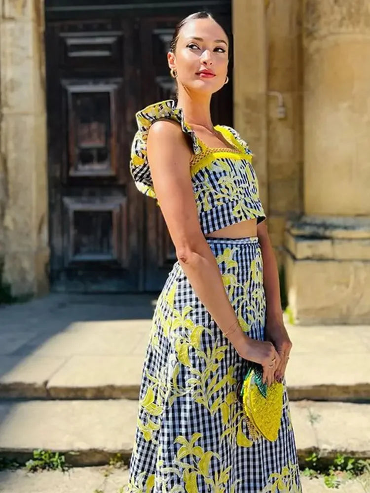 Summer Chic Printed Patchwork Skirt Suit Women Fashion Sling Ruffles Top Printting Set New Elegant Female Streetwear Sets Blue