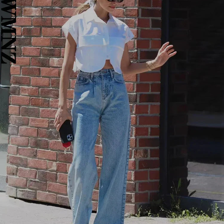 XNWMNZ Women Fashion Pockets Cropped Denim Shirts Sexy Sleeveless Button-up Female Blouses Blusas Chic Top