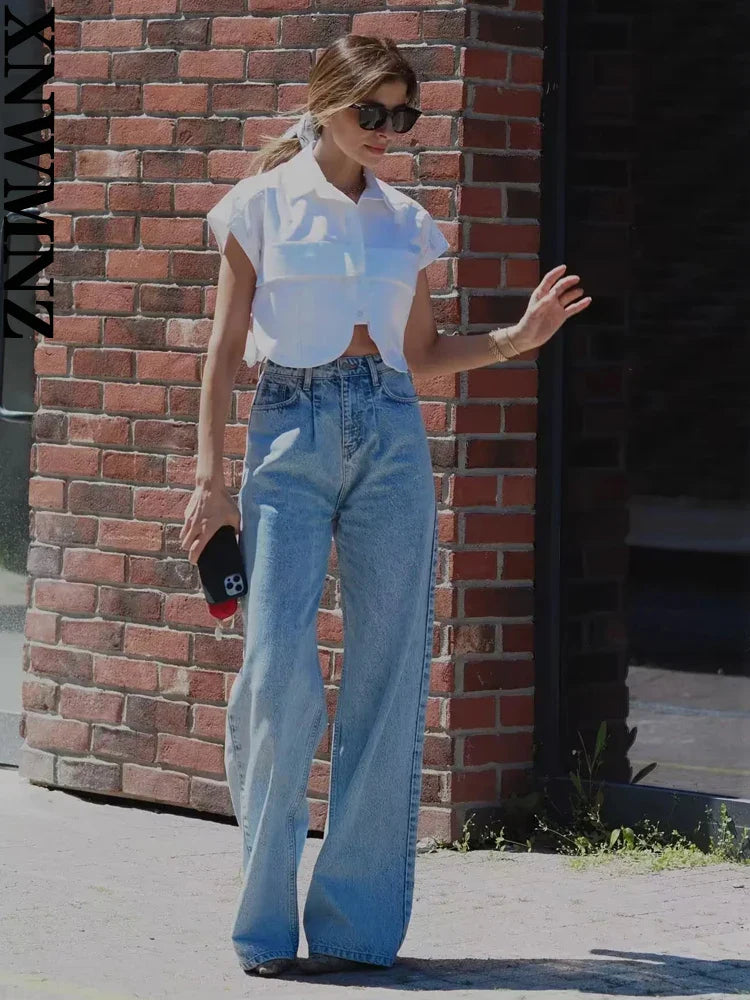 XNWMNZ Women Fashion Pockets Cropped Denim Shirts Sexy Sleeveless Button-up Female Blouses Blusas Chic Top