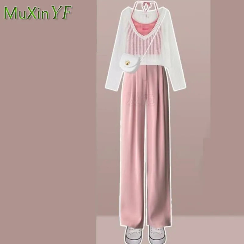 Women's Summer Fashion Hollow Out Shirt+Suspender+Wide Leg Pants Three Piece 2024 New in Matching Set Korean Elegant Tracksuit