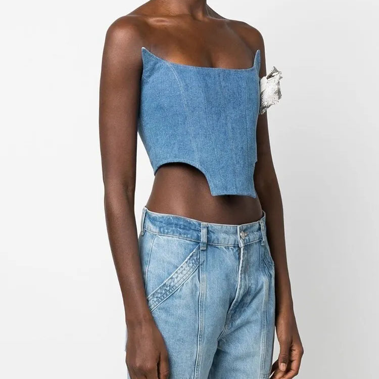 Denim Irregular Vests For Women Slash Neck Sleeveless Patchwork Appliques Slimming Vintage Vest Female Fashion 2023