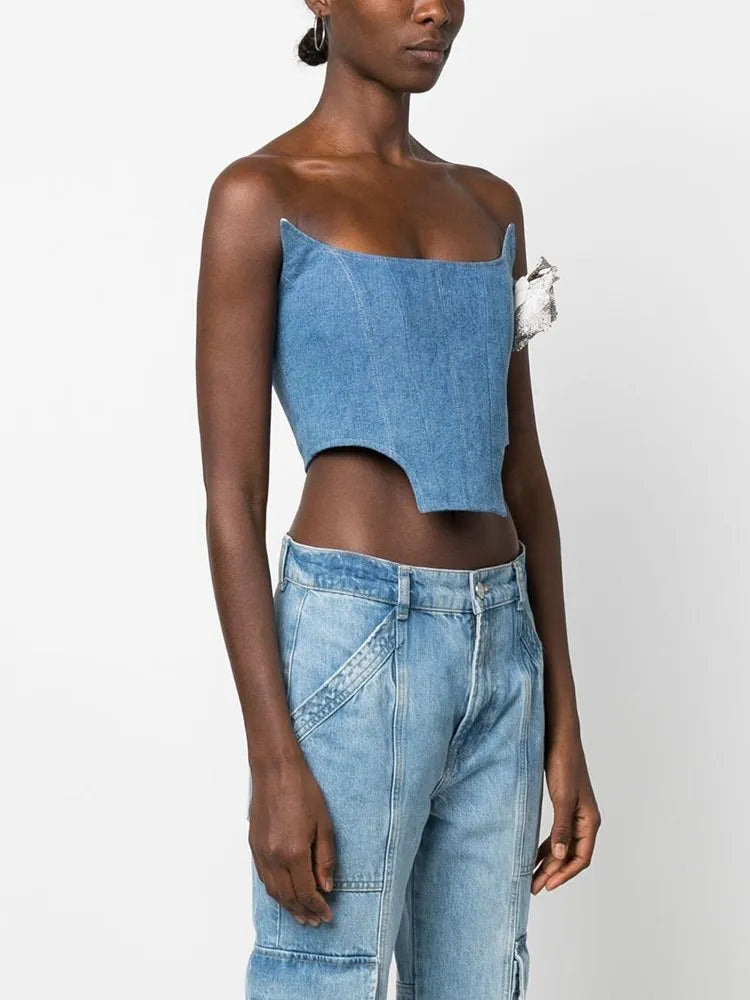 Denim Irregular Vests For Women Slash Neck Sleeveless Patchwork Appliques Slimming Vintage Vest Female Fashion 2023