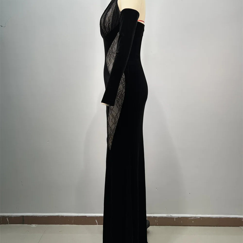 Black Lace Patchwork Velvet Halter Floor Length Dress Celebrity Party Dress Birthday Vestido