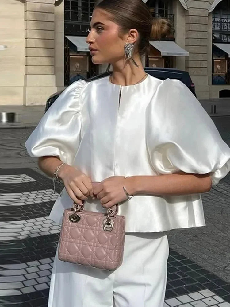 Satin Elegant Shirts Women White Lantern Short Sleeve O-neck Loose Female Blouses Spring Summer Lady Tops Chic Streetwear