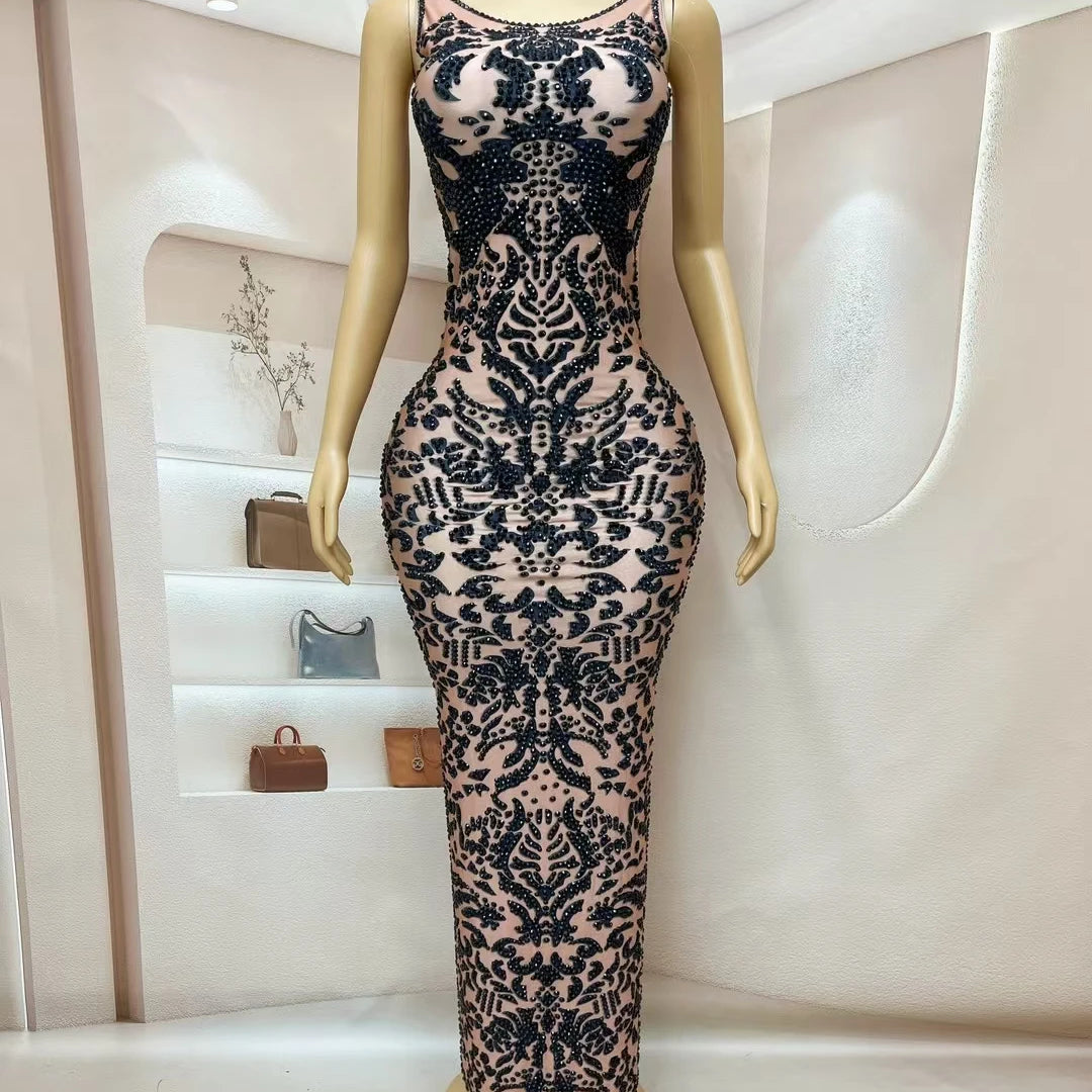 Women's Black Pattern Rhinestone Sparkly Ball Dress Birthday Luxury Dinners Sexy Maxi Dress Celebrate Party Evening Gown Heijiao