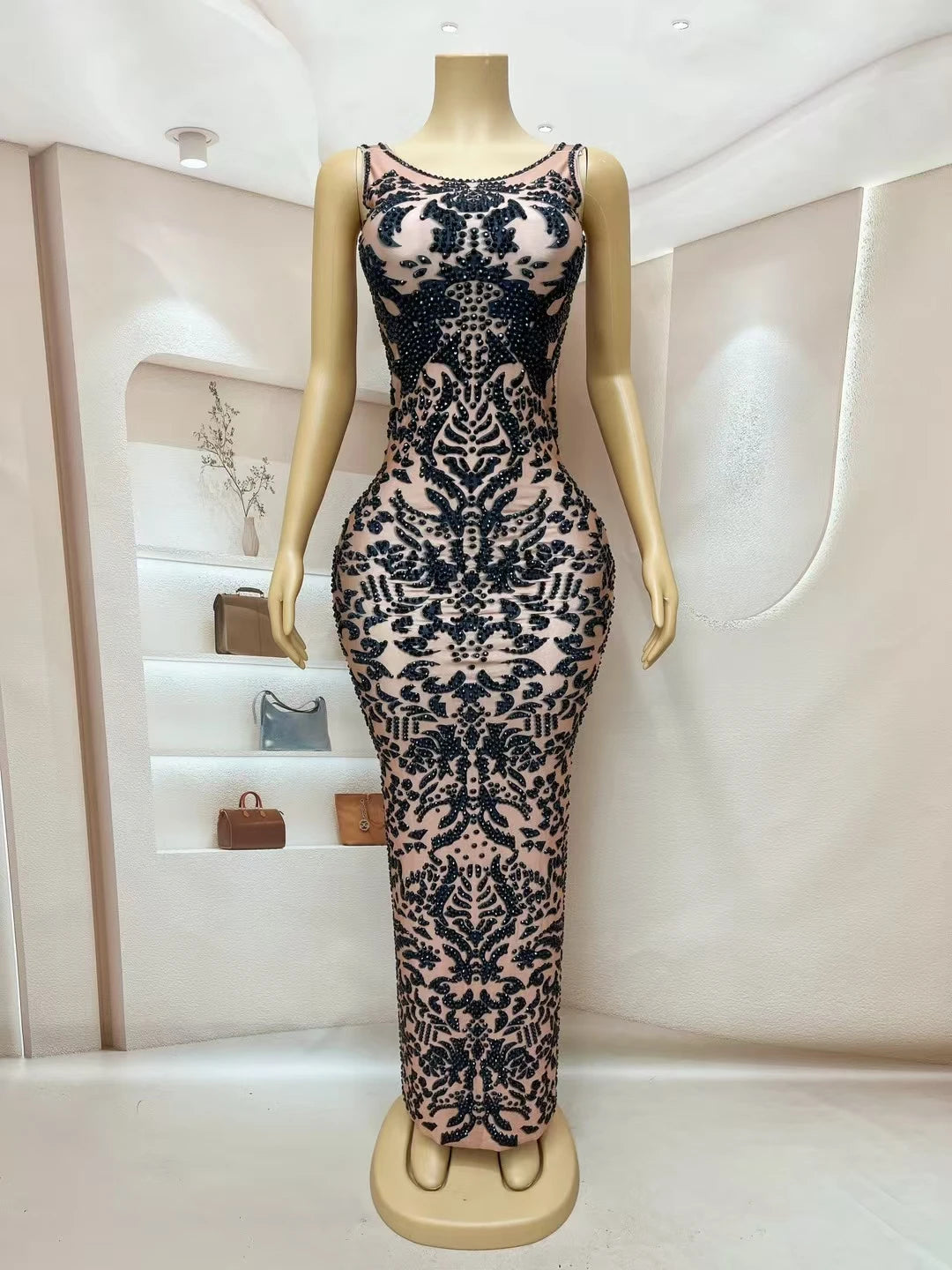 Women's Black Pattern Rhinestone Sparkly Ball Dress Birthday Luxury Dinners Sexy Maxi Dress Celebrate Party Evening Gown Heijiao