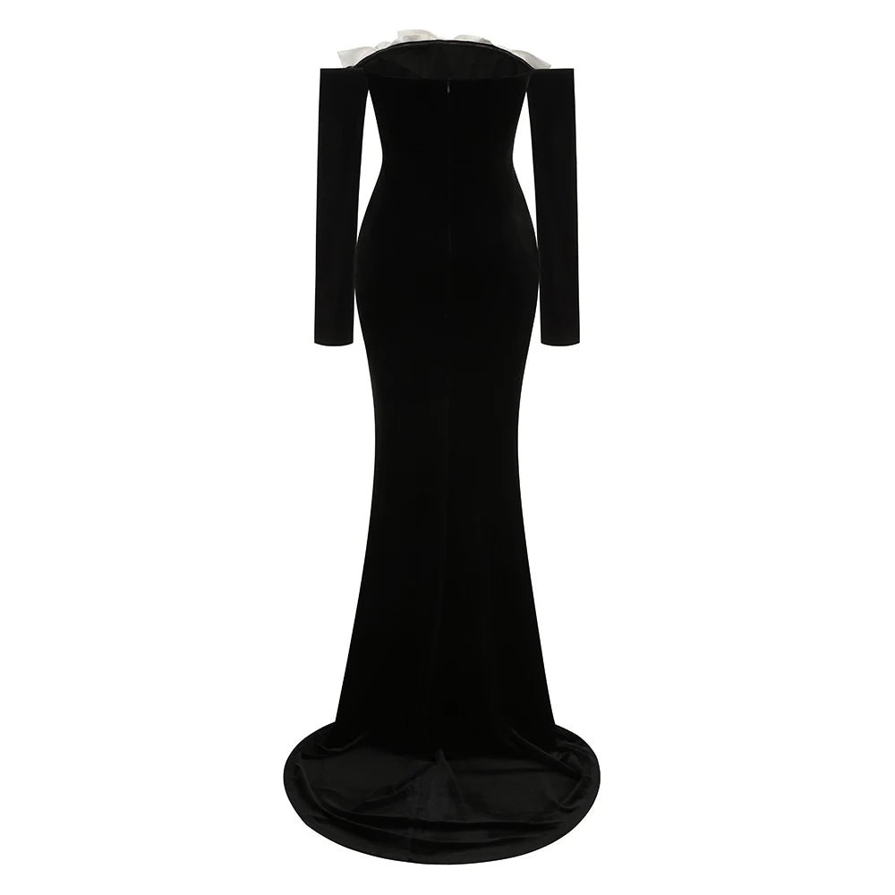 New Winter Style Women Long Sleeve Sexy Off the Shoulder Floor-length Dress Velvet Elegant Evening Party Celebrate Dress