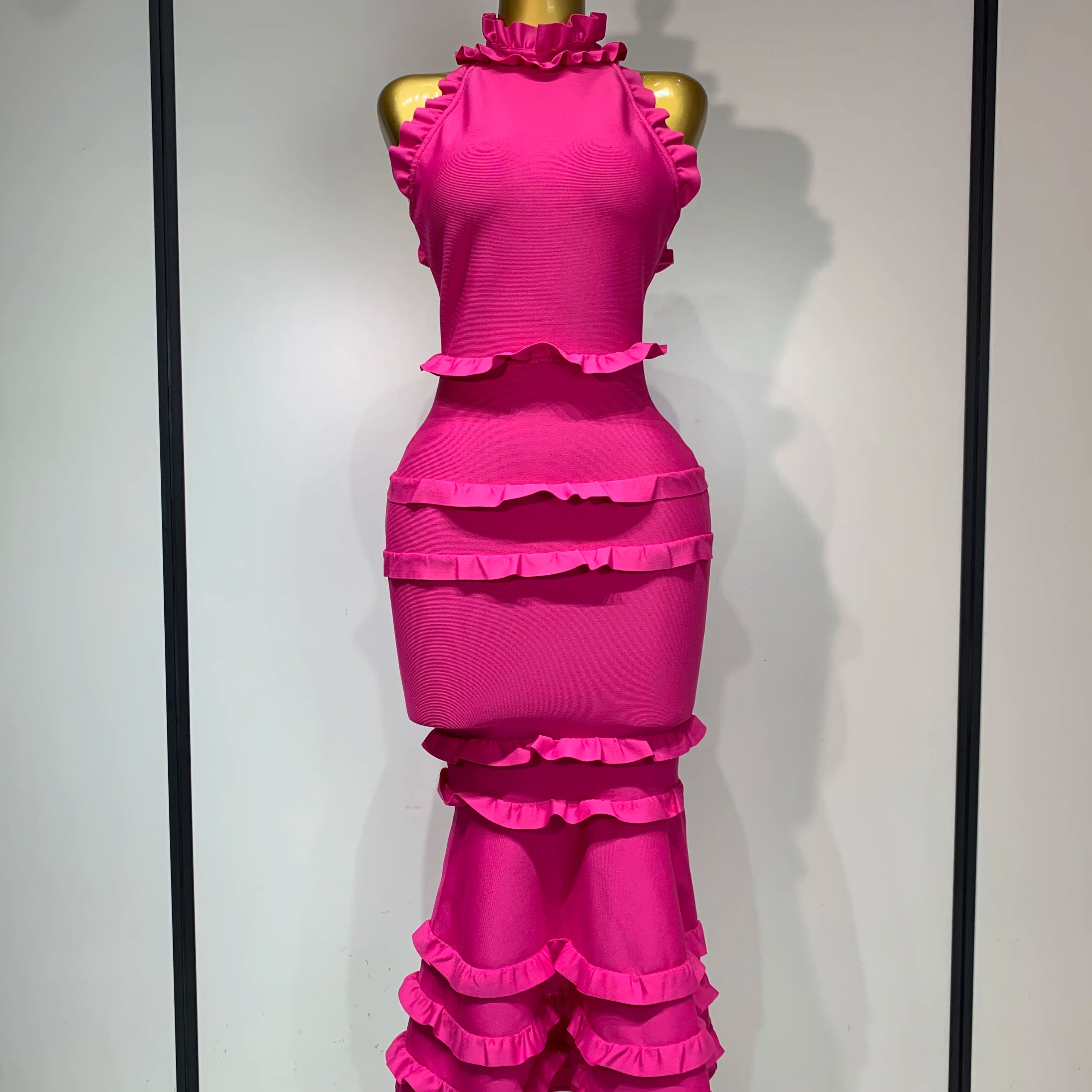 Women Sexy Backless Ruffles Bodycon Bandage Mermaid Dress 2025 Celebrate Evening Party Luxury Birthday Wedding Guest Dress Rose Red