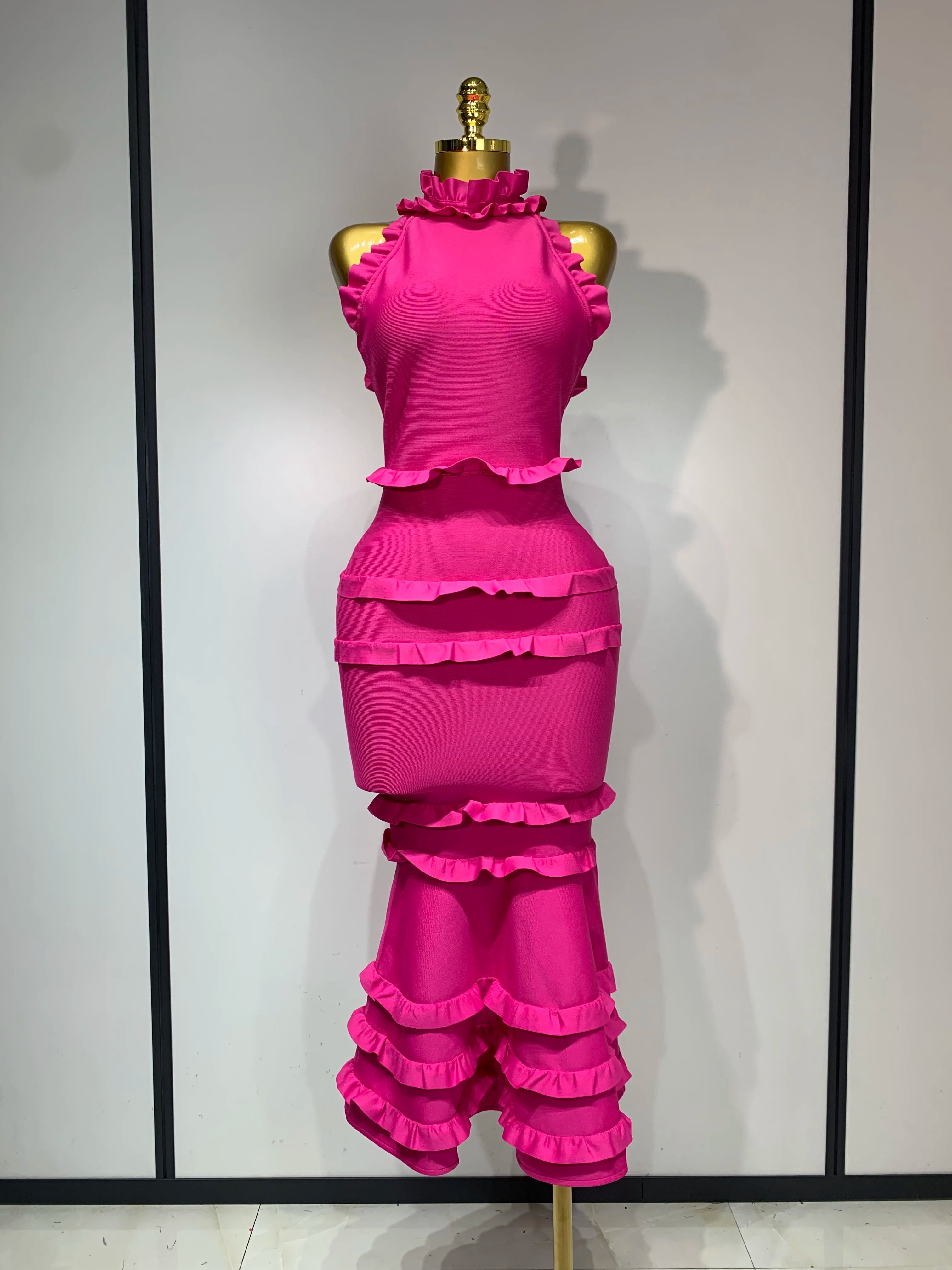 Women Sexy Backless Ruffles Bodycon Bandage Mermaid Dress 2025 Celebrate Evening Party Luxury Birthday Wedding Guest Dress Rose Red