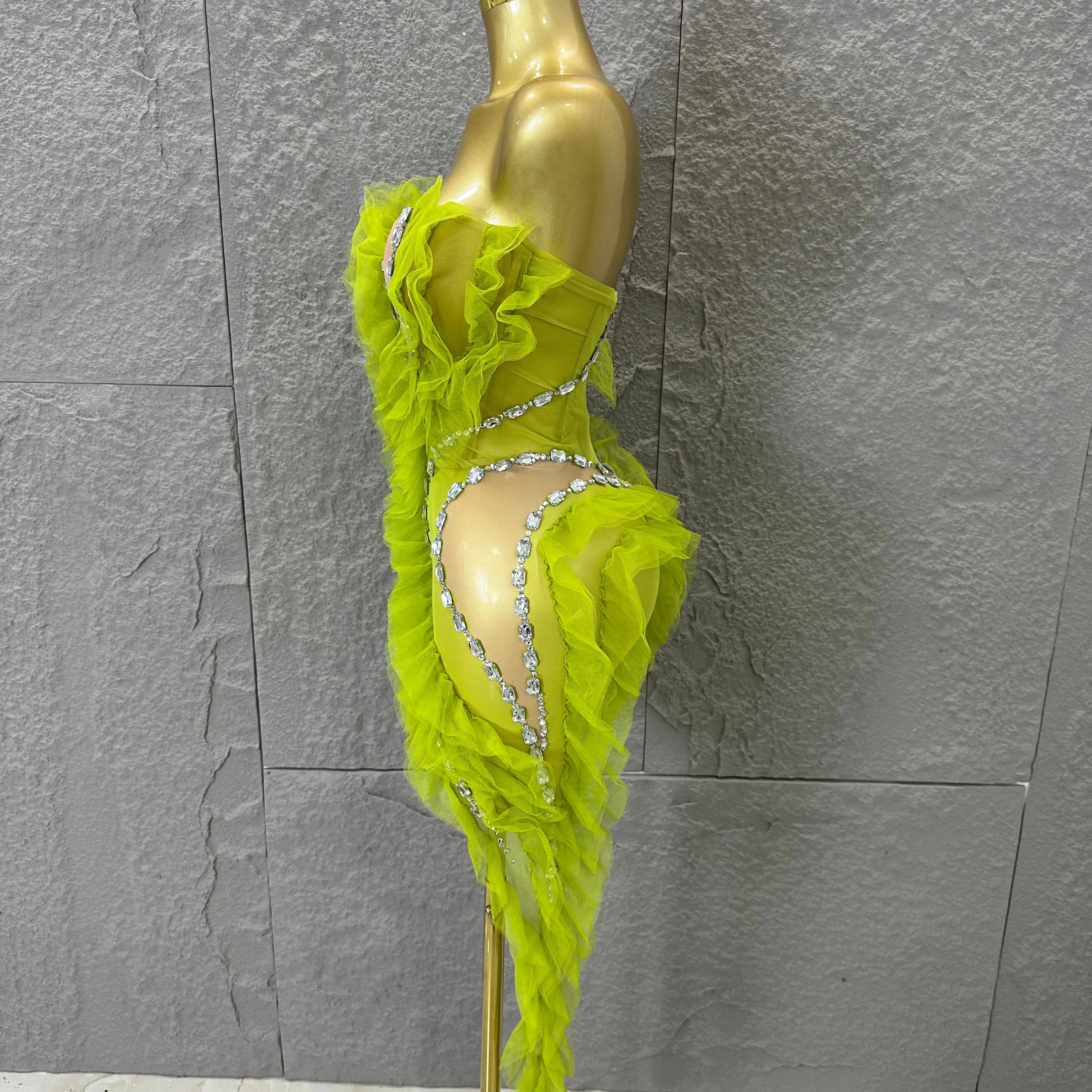 Luxury Green Sheer Mesh Ruffle Dress Neck Crystal Rhinestone Trim Cut Out Slim Fit Evening Wedding Guest Cocktail Party Dress