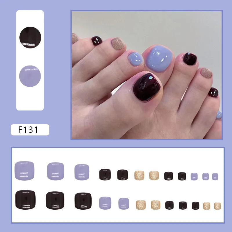 24pcs Summer Color False Toenails Purple Pink Sweet Korean Fake Toe Nails Wearable Detachable Square Head Press on Toenails 5