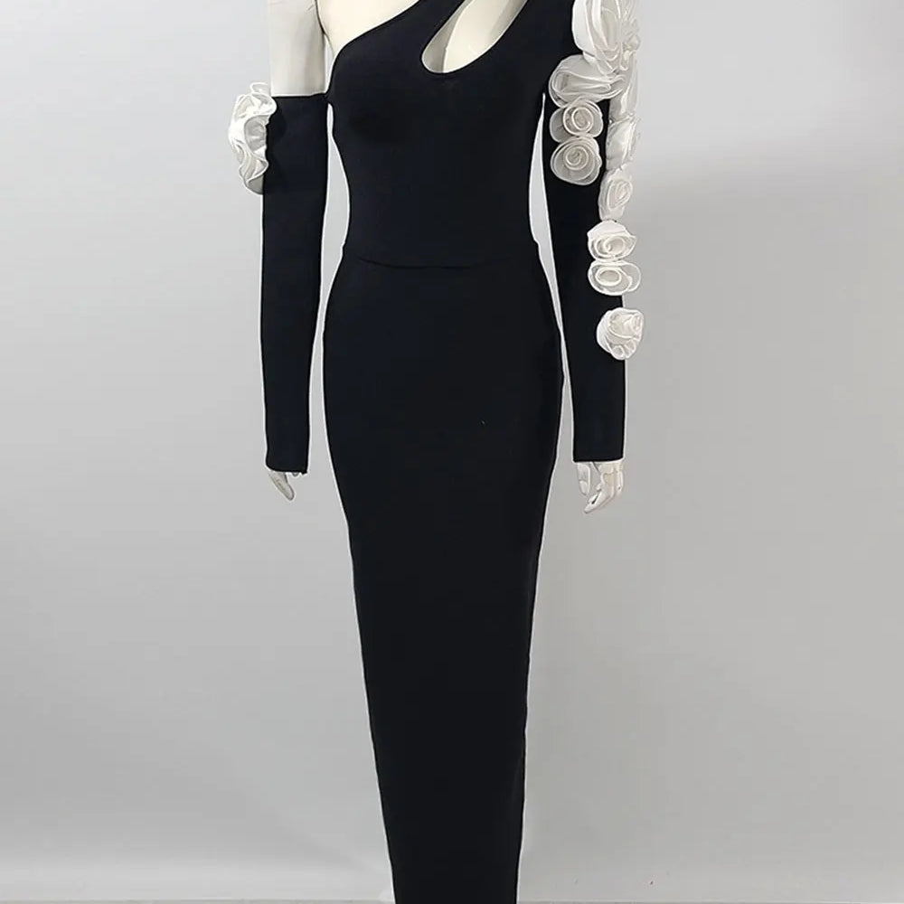 2025 Sexy Women's 3D Flower Decorative Bandage Dress with Diagonal Collar Long Sleeve Bodycon Split Length Dress Party Vestidos black