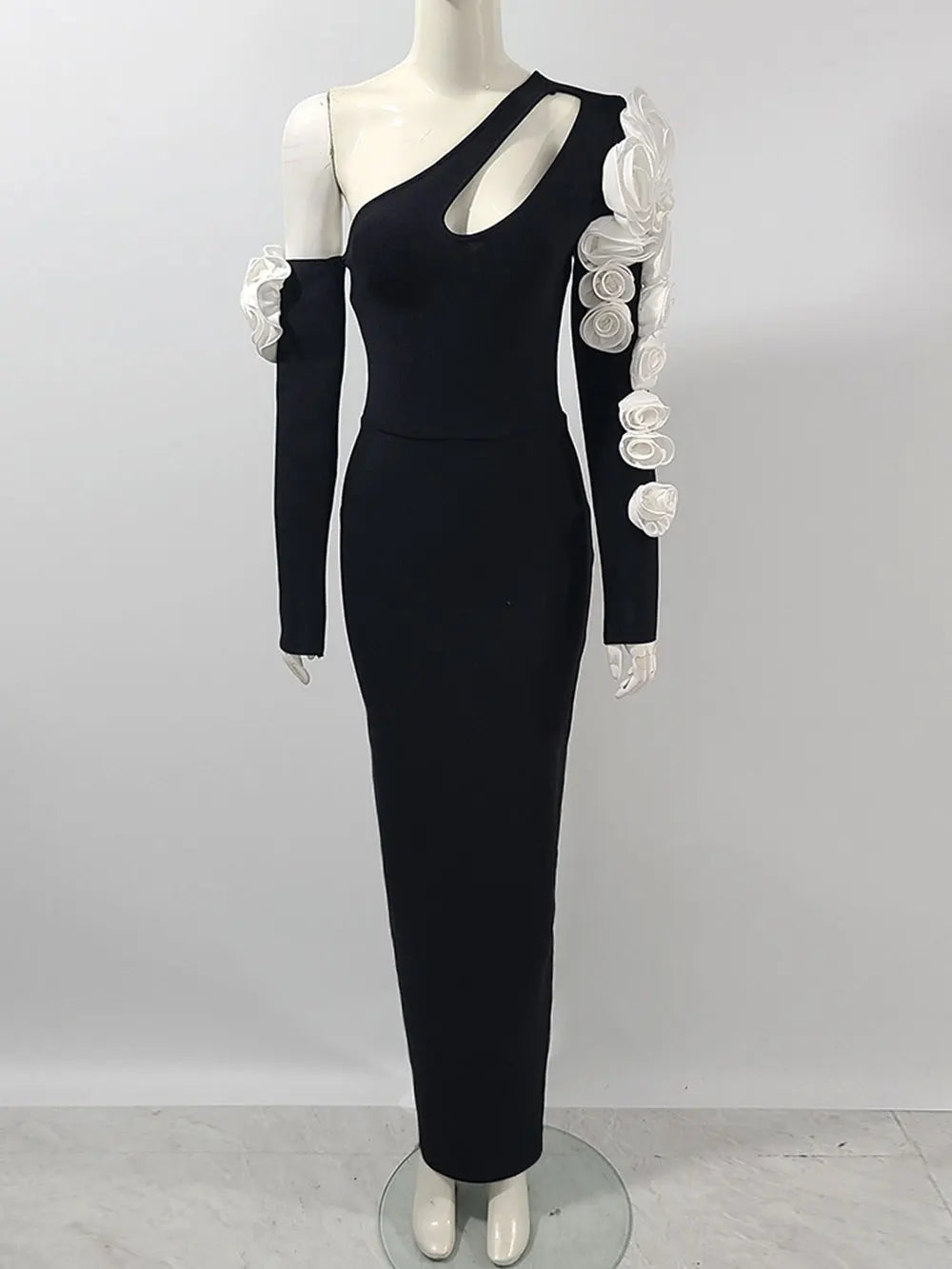 2025 Sexy Women's 3D Flower Decorative Bandage Dress with Diagonal Collar Long Sleeve Bodycon Split Length Dress Party Vestidos black
